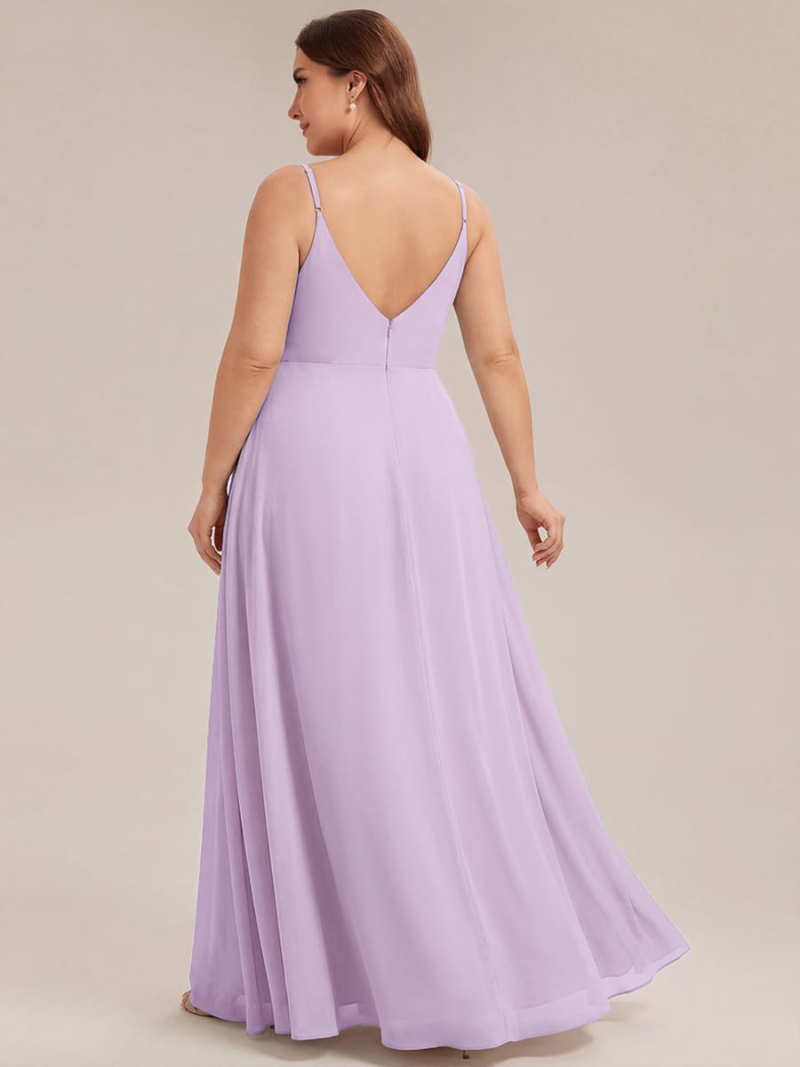 Spaghetti Strap Pleated V-Neck High Slit Bridesmaid Dress #color_Frosted Lilac