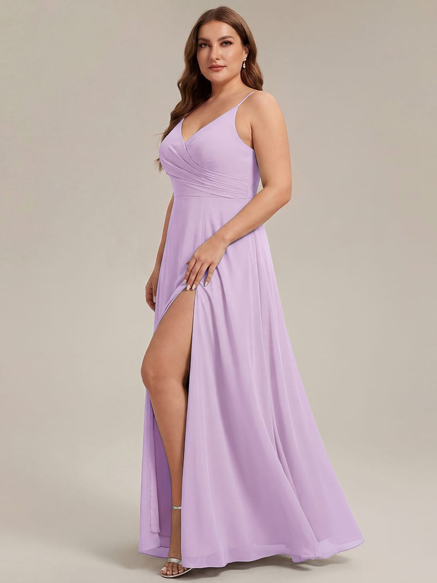 Spaghetti Strap Pleated V-Neck High Slit Bridesmaid Dress #color_Frosted Lilac