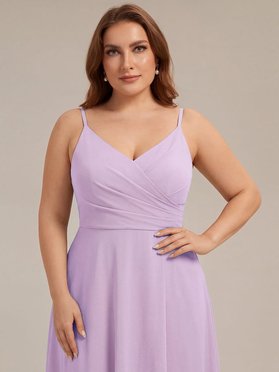Spaghetti Strap Pleated V-Neck High Slit Bridesmaid Dress #color_Frosted Lilac