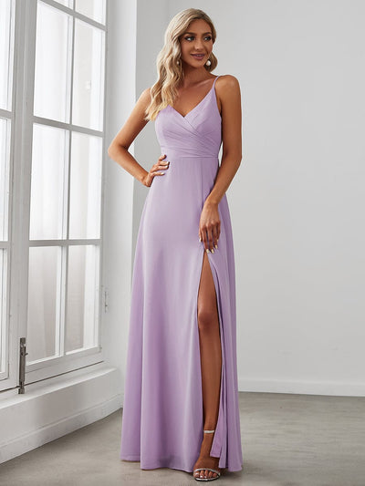 Spaghetti Strap Pleated V-Neck High Slit Bridesmaid Dress #color_Frosted Lilac
