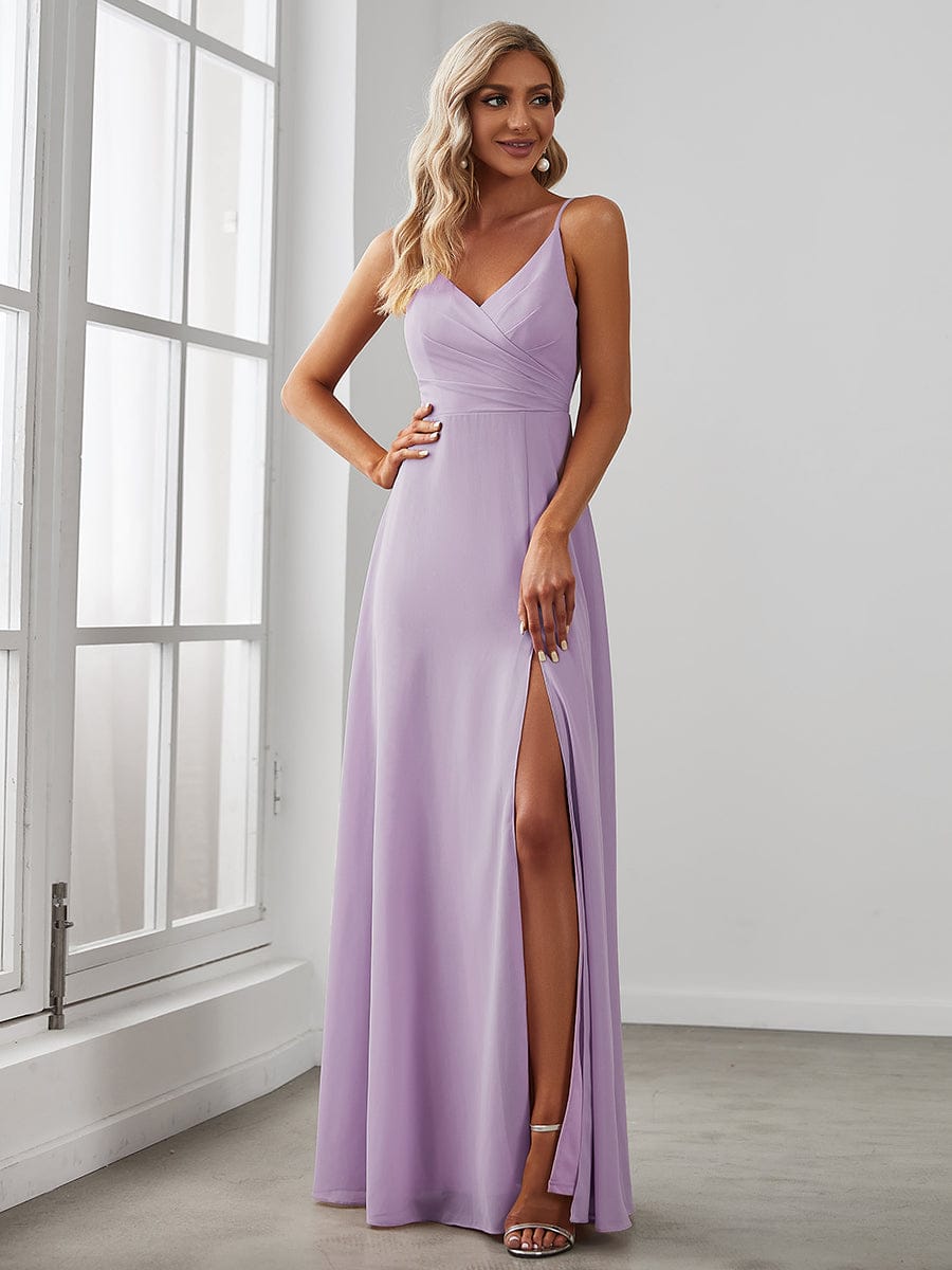 Spaghetti Strap Pleated V-Neck High Slit Bridesmaid Dress #color_Frosted Lilac