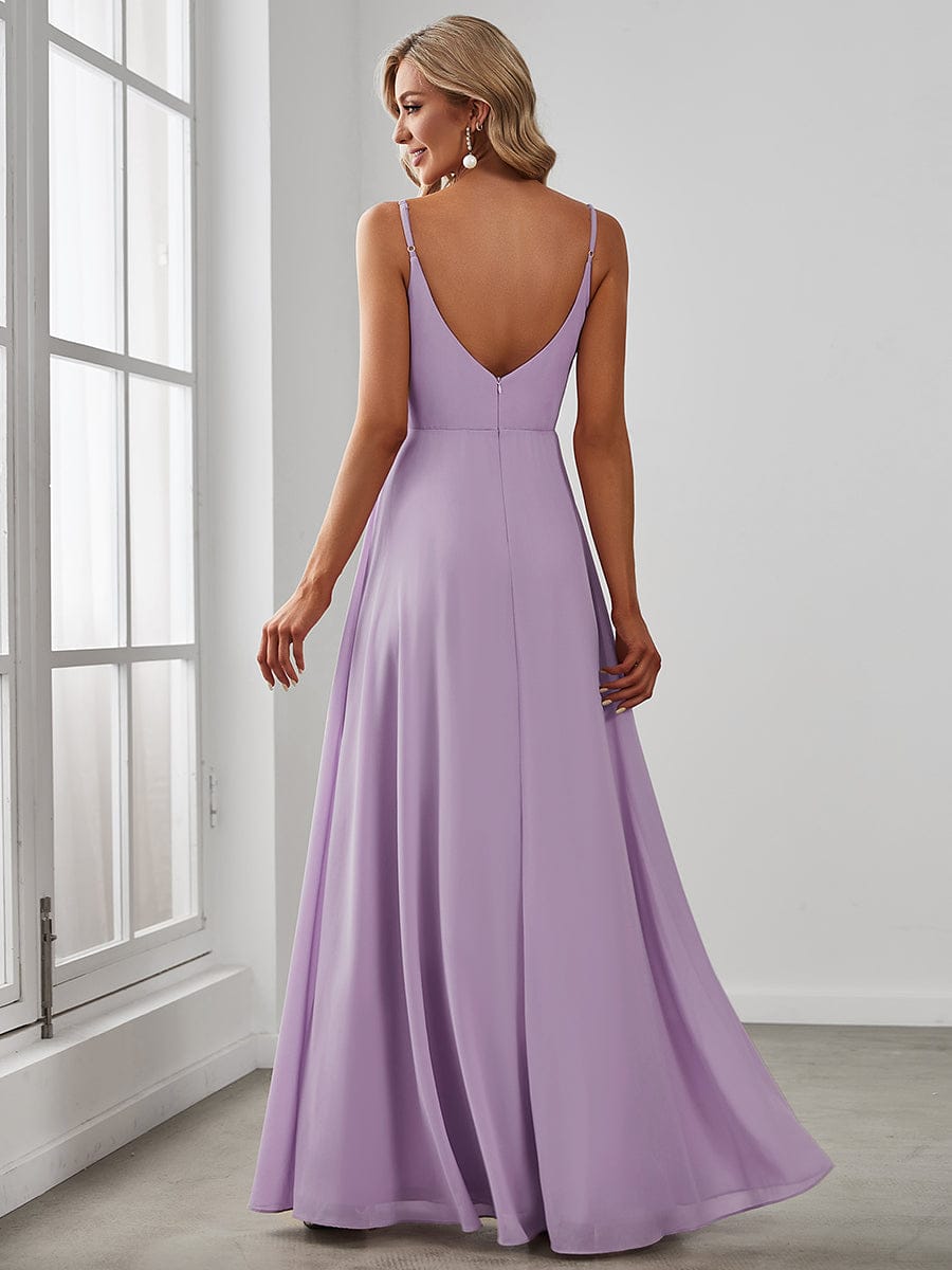 Spaghetti Strap Pleated V-Neck High Slit Bridesmaid Dress #color_Frosted Lilac