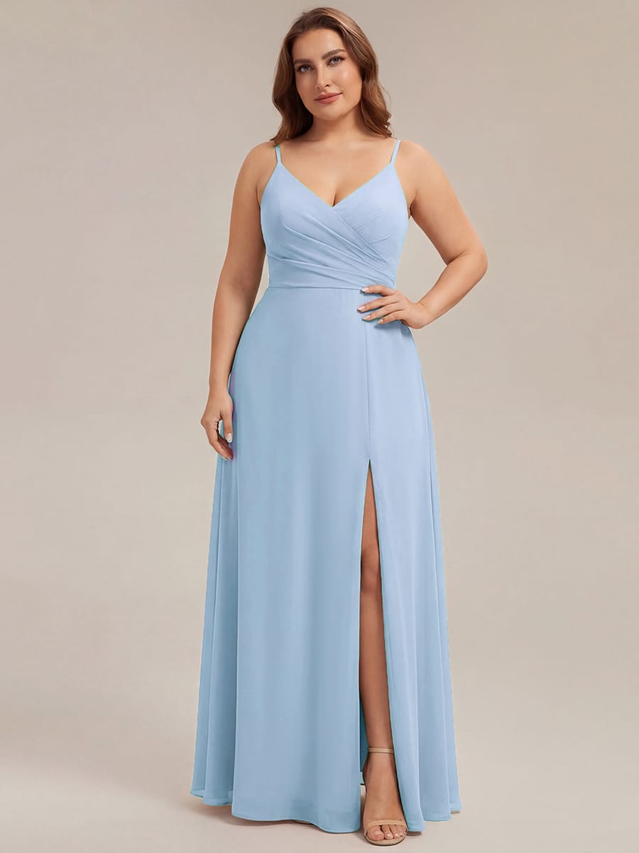 Spaghetti Strap Pleated V-Neck High Slit Bridesmaid Dress #color_Ice Blue