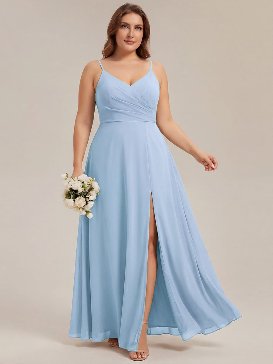 Spaghetti Strap Pleated V-Neck High Slit Bridesmaid Dress #color_Ice Blue