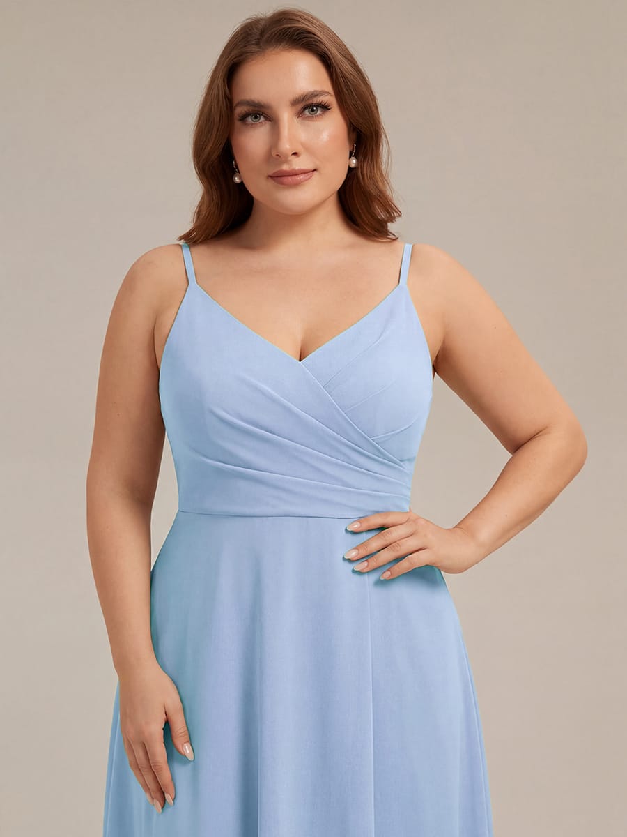 Spaghetti Strap Pleated V-Neck High Slit Bridesmaid Dress #color_Ice Blue