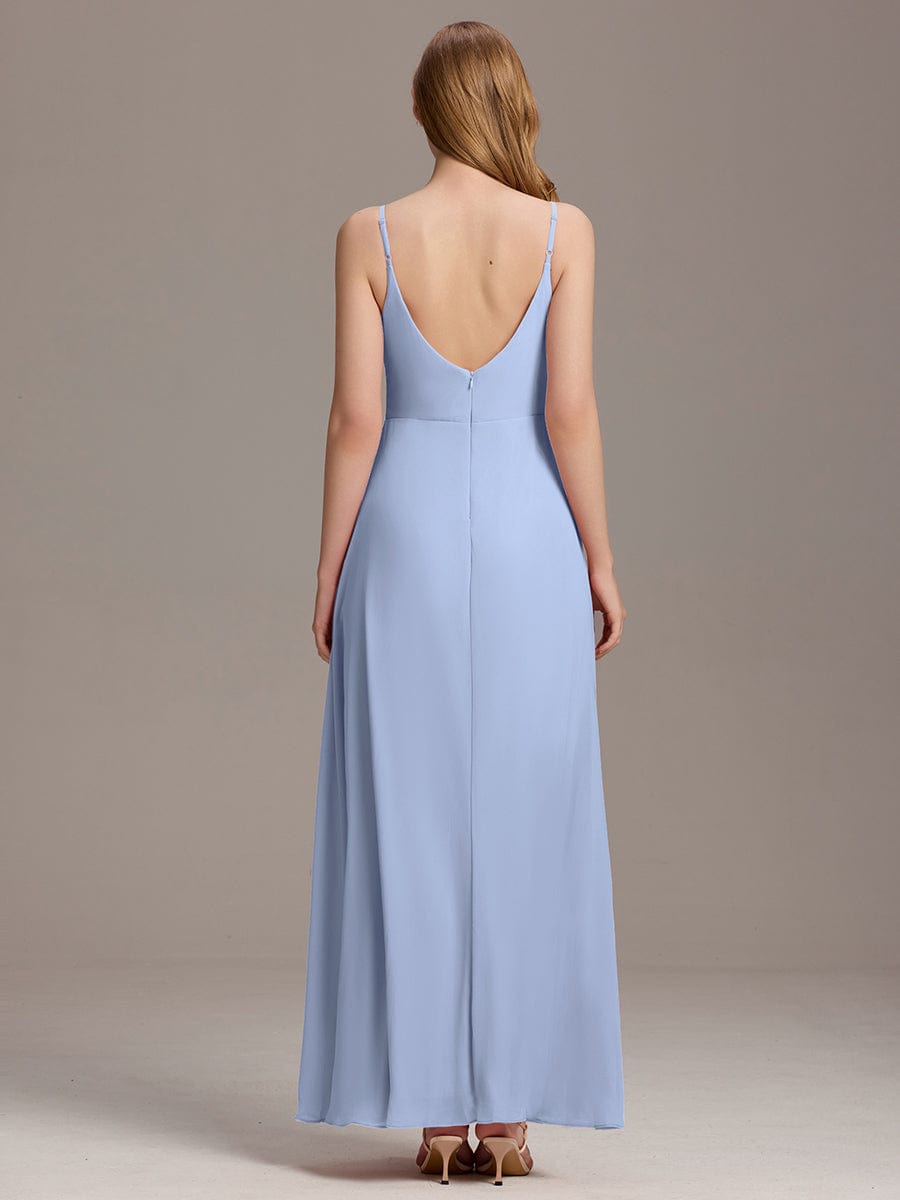 Spaghetti Strap Pleated V-Neck High Slit Bridesmaid Dress #color_Ice Blue