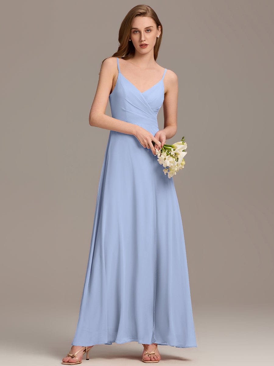 Spaghetti Strap Pleated V-Neck High Slit Evening Dress #color_Ice Blue