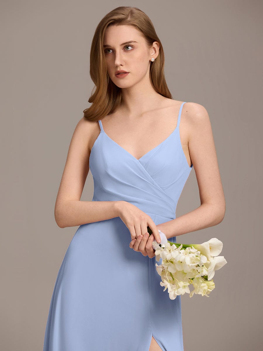 Spaghetti Strap Pleated V-Neck High Slit Evening Dress #color_Ice Blue
