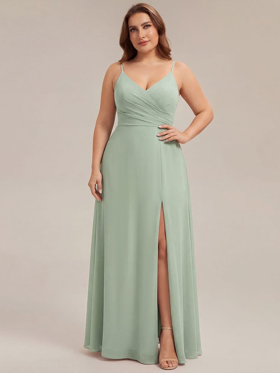 Spaghetti Strap Pleated V-Neck High Slit Bridesmaid Dress #color_Mint Green