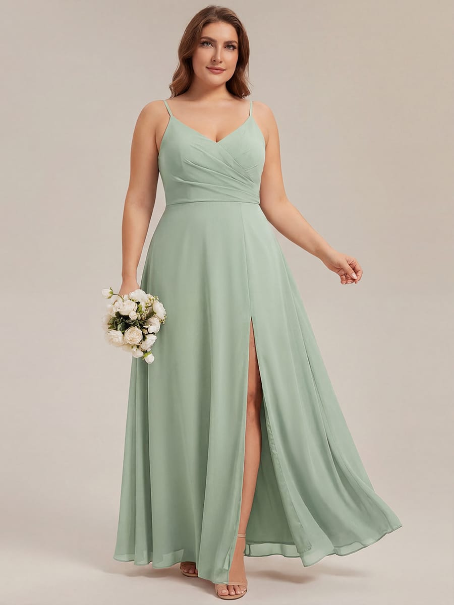 Spaghetti Strap Pleated V-Neck High Slit Bridesmaid Dress #color_Mint Green