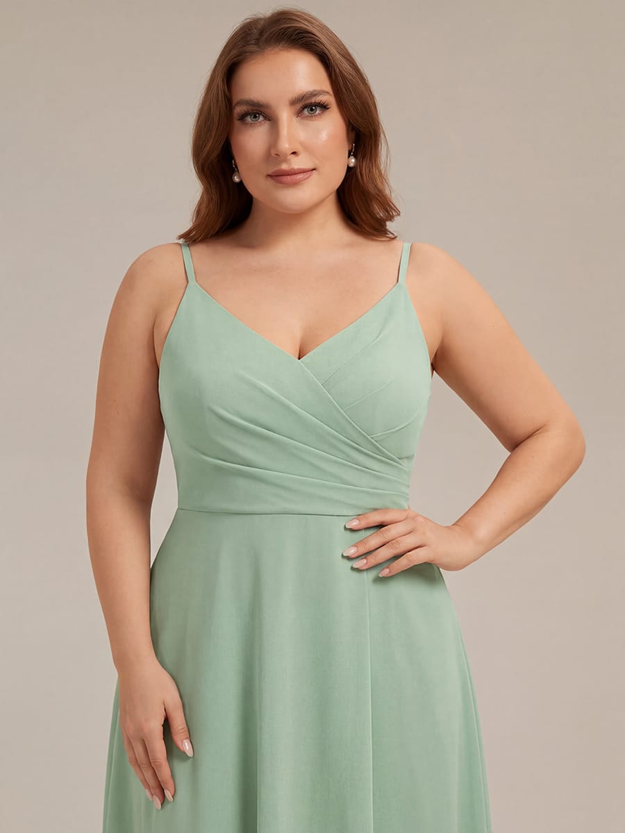 Spaghetti Strap Pleated V-Neck High Slit Bridesmaid Dress #color_Mint Green