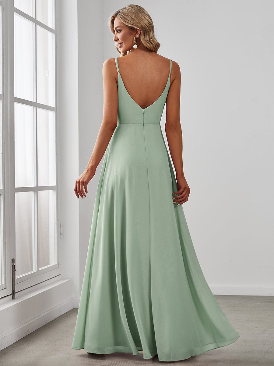 Spaghetti Strap Pleated V-Neck High Slit Evening Dress #color_Mint Green