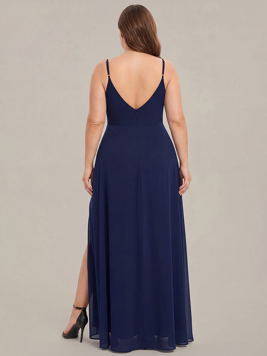 Spaghetti Strap Pleated V-Neck High Slit Bridesmaid Dress #color_Navy Blue