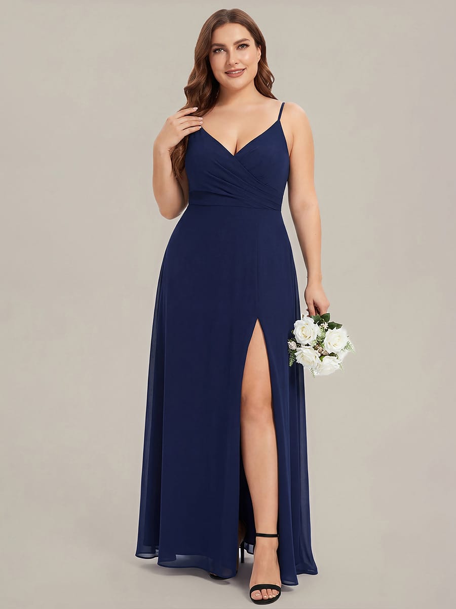 Spaghetti Strap Pleated V-Neck High Slit Bridesmaid Dress #color_Navy Blue