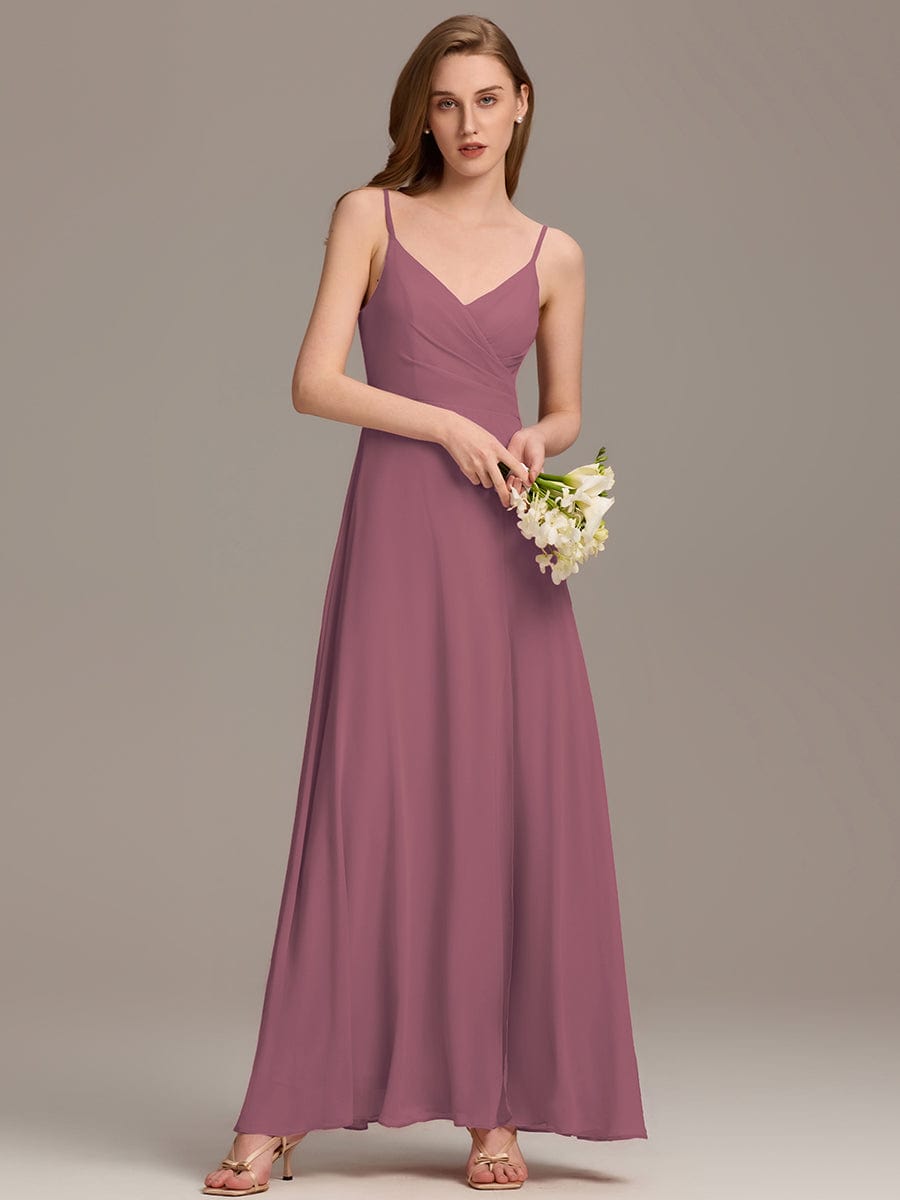 Spaghetti Strap Pleated V-Neck High Slit Evening Dress #color_Purple Orchid