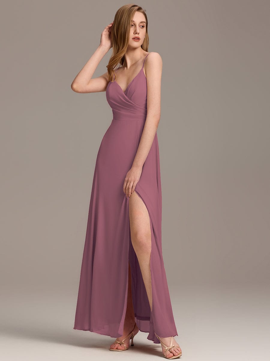 Spaghetti Strap Pleated V-Neck High Slit Evening Dress #color_Purple Orchid