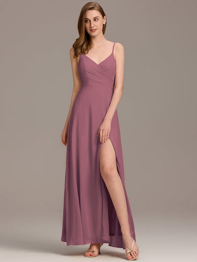 Spaghetti Strap Pleated V-Neck High Slit Evening Dress #color_Purple Orchid