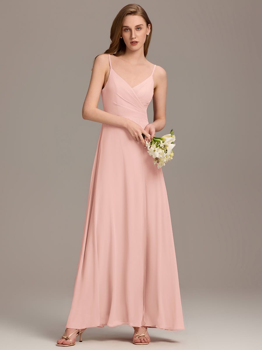 Spaghetti Strap Pleated V-Neck High Slit Bridesmaid Dress #color_Pink