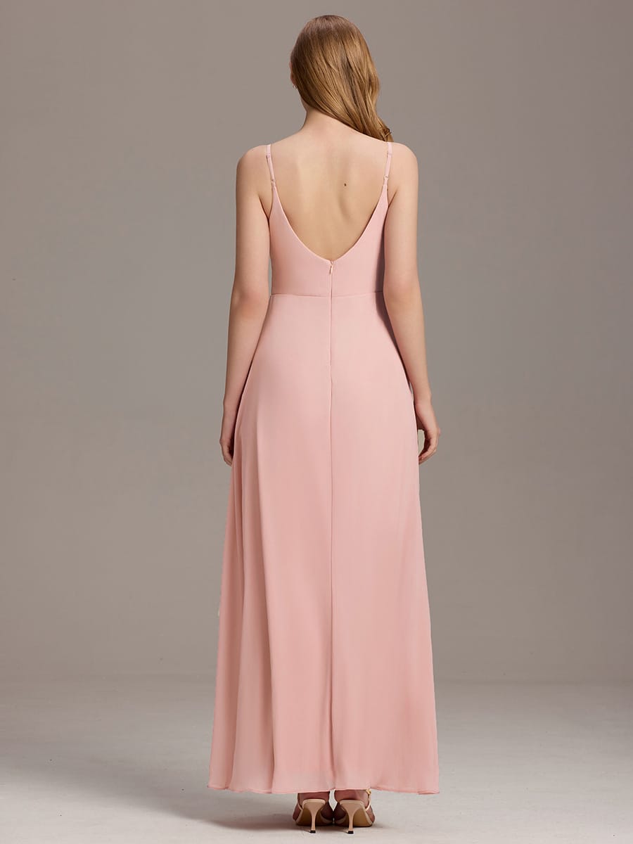 Spaghetti Strap Pleated V-Neck High Slit Bridesmaid Dress #color_Pink