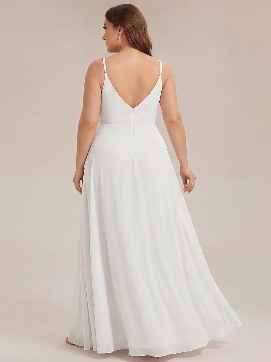 Spaghetti Strap Pleated V-Neck High Slit Bridesmaid Dress #color_White