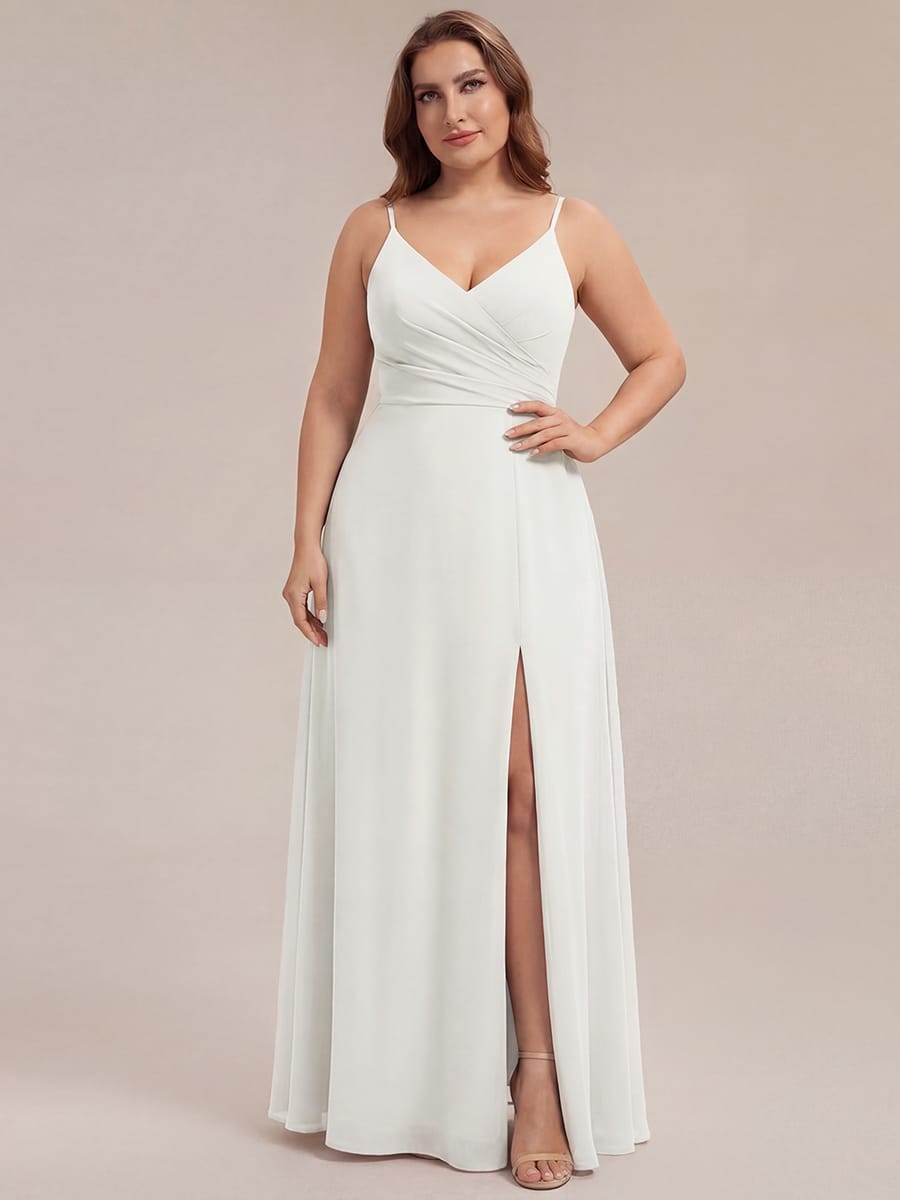 Spaghetti Strap Pleated V-Neck High Slit Bridesmaid Dress #color_White