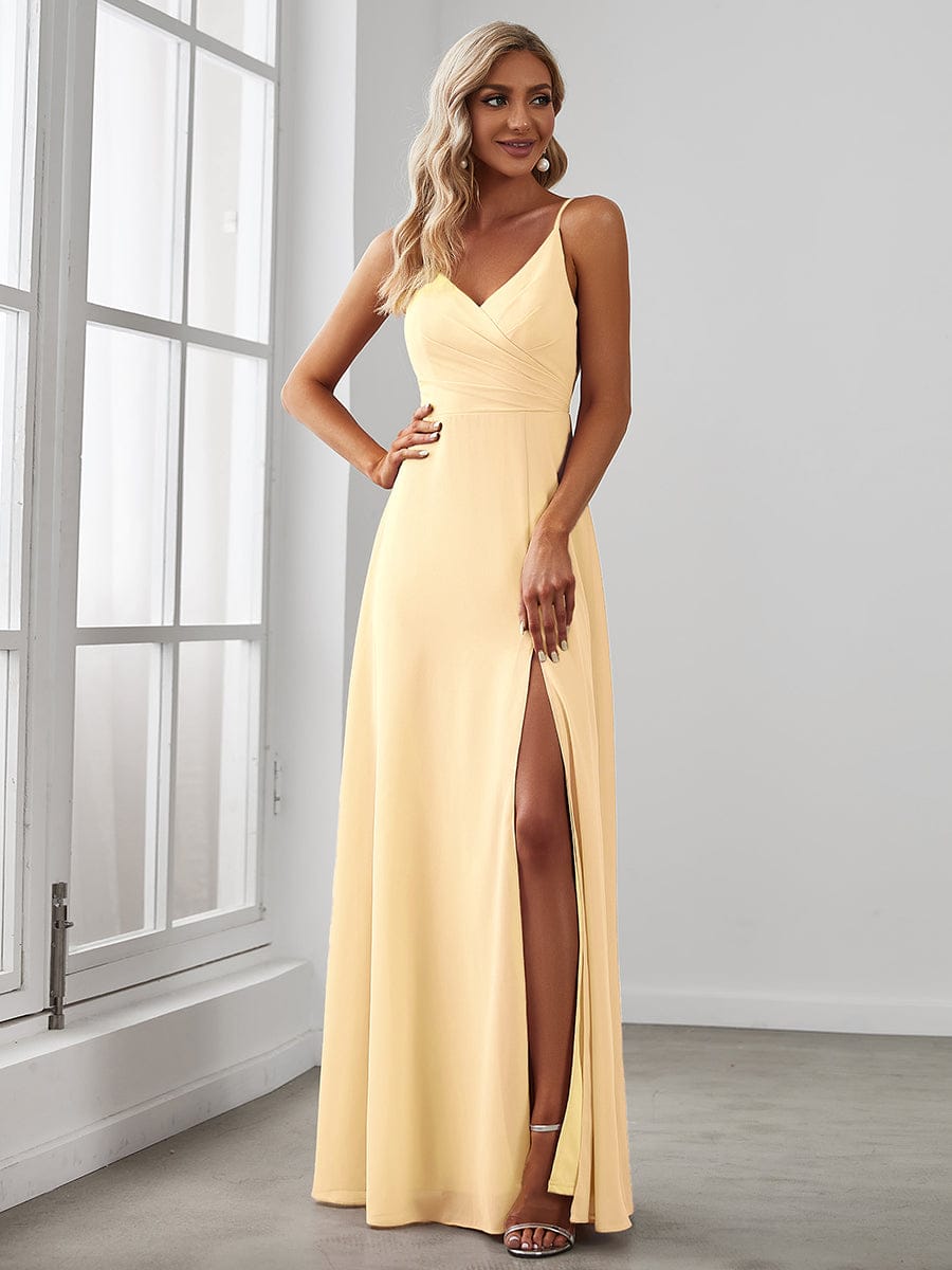 Spaghetti Strap Pleated V-Neck High Slit Bridesmaid Dress #color_Yellow