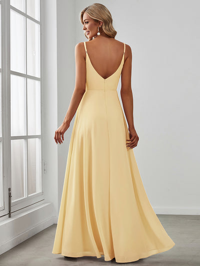 Spaghetti Strap Pleated V-Neck High Slit Bridesmaid Dress #color_Yellow
