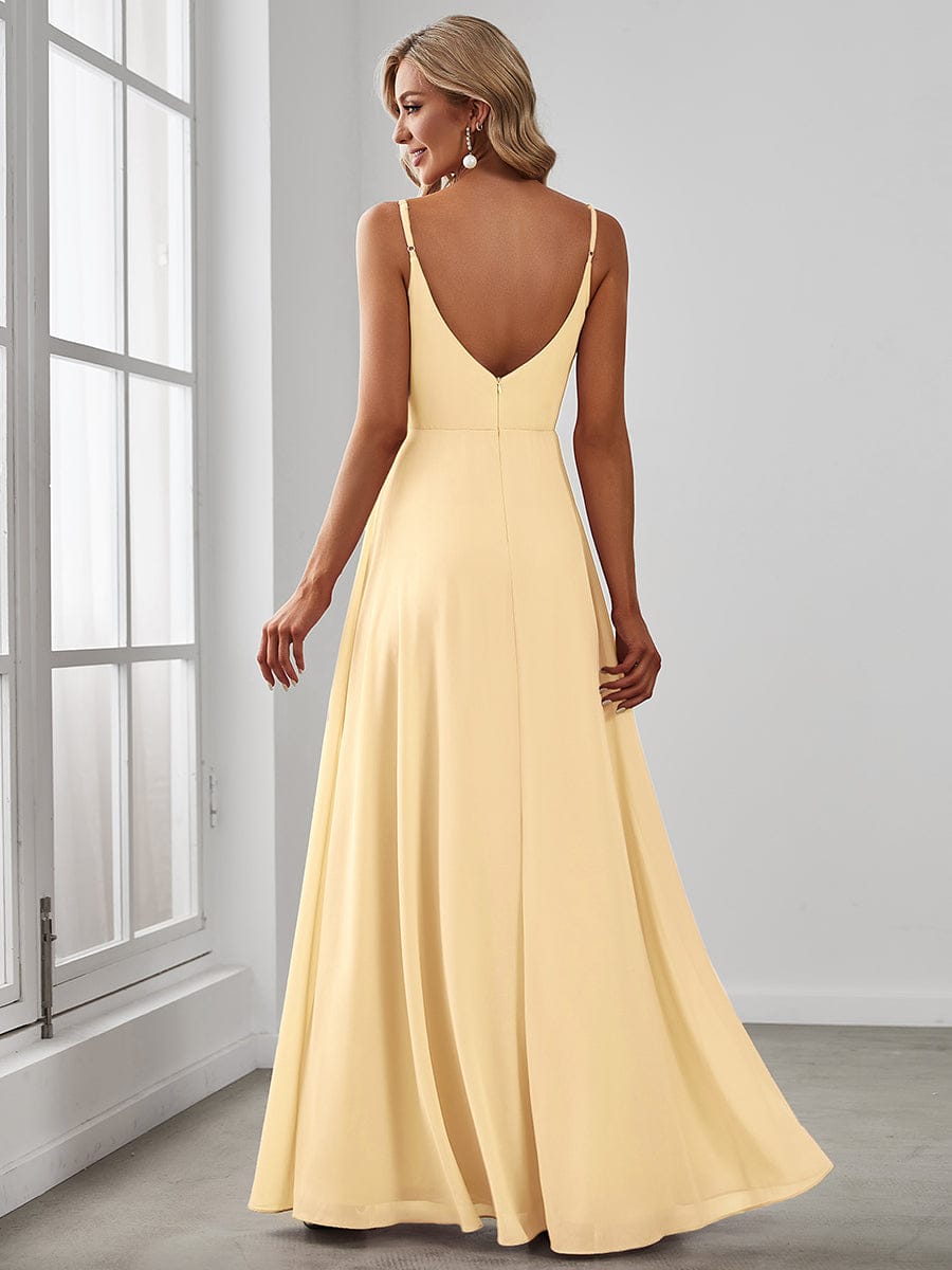 Spaghetti Strap Pleated V-Neck High Slit Bridesmaid Dress #color_Yellow