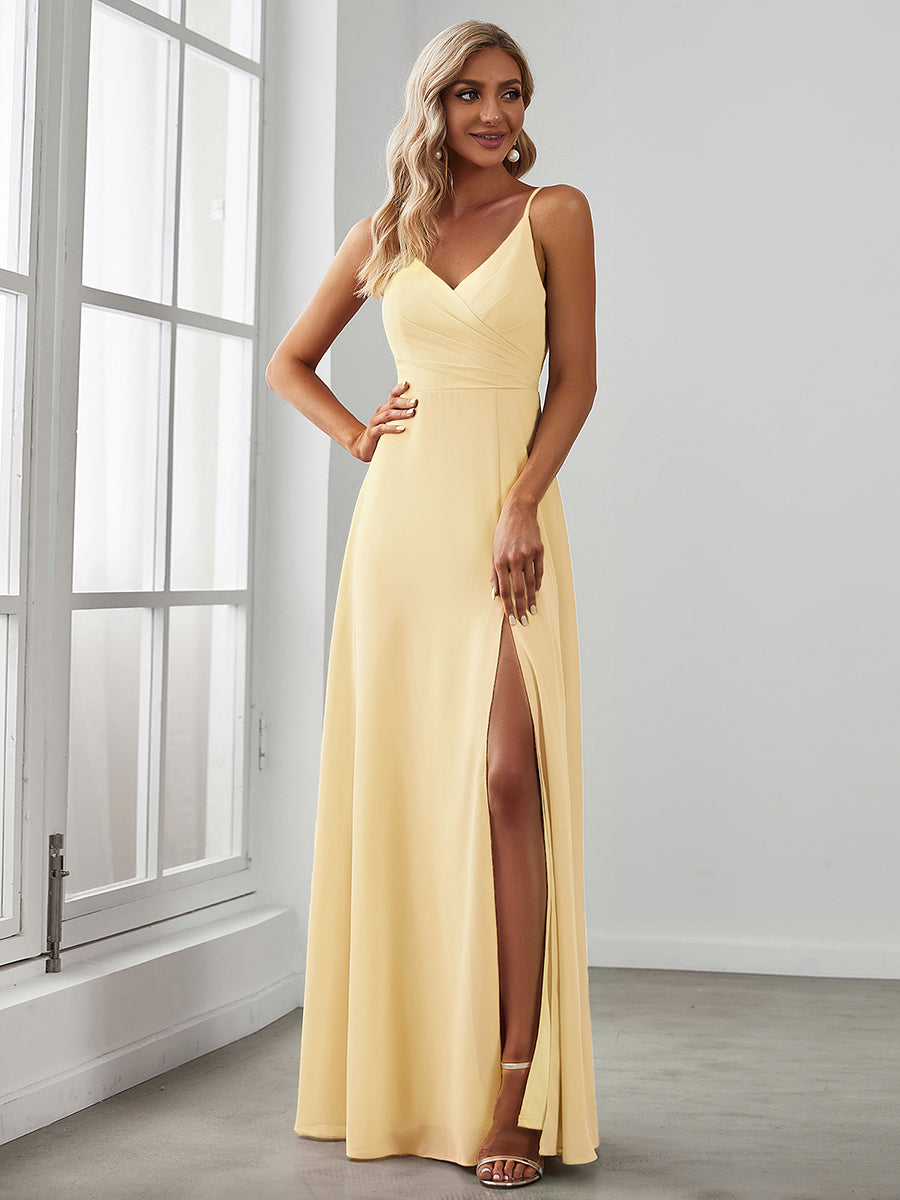 Spaghetti Strap Pleated V-Neck High Slit Evening Dress #color_Yellow