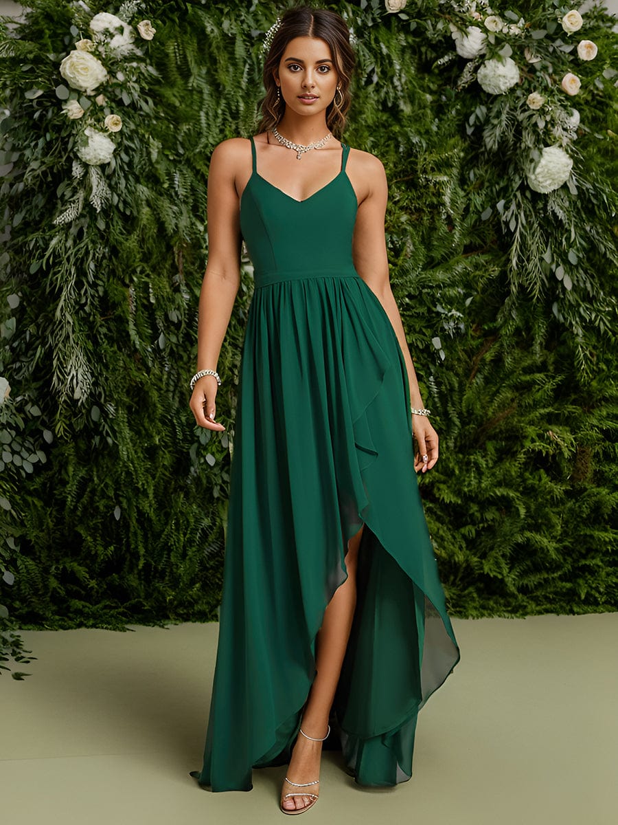 Chiffon Sweetheart Spaghetti Strap Ruffled Front Slit A-Line Bridesmaid Dress #color_Dark Green