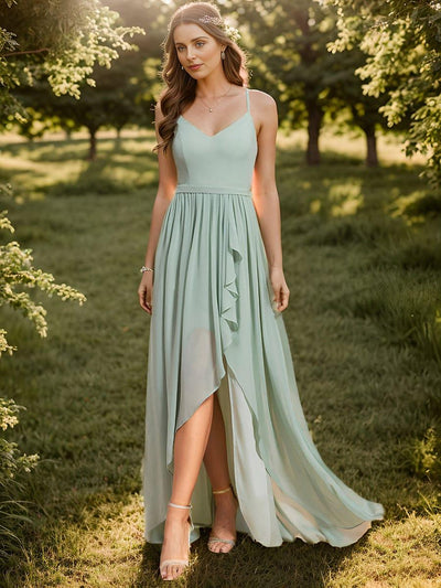 Chiffon Sweetheart Spaghetti Strap Ruffled Front Slit A-Line Bridesmaid Dress #color_Mint Green