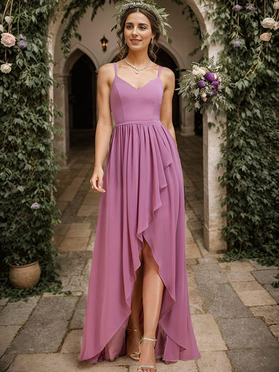 Chiffon Sweetheart Spaghetti Strap Ruffled Front Slit A-Line Bridesmaid Dress #color_Purple Orchid