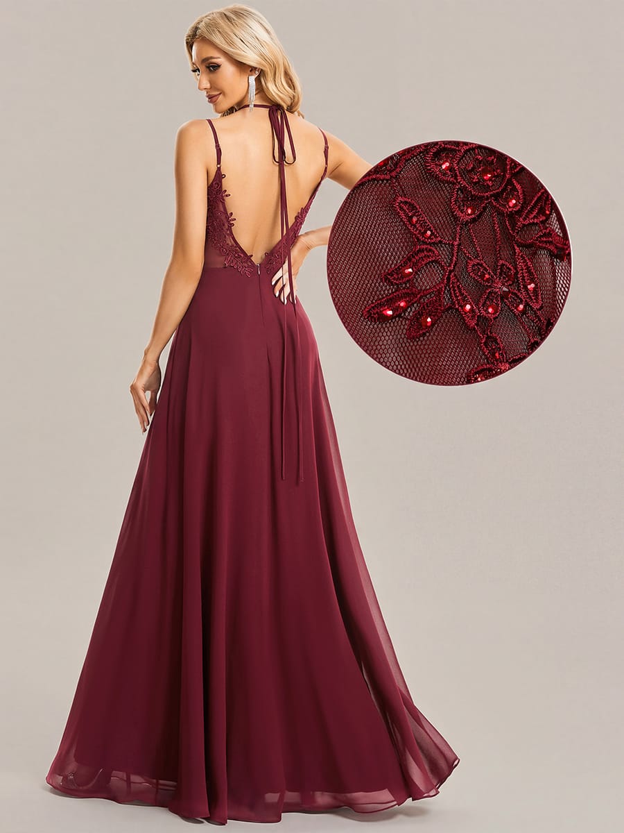 Chiffon and Lace Open Back Bridesmaid Dress with Spaghetti Straps #color_Burgundy