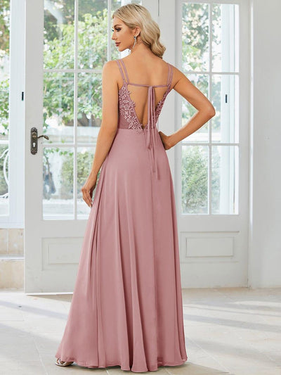 Chiffon and Lace Open Back Bridesmaid Dress with Spaghetti Straps #color_Dusty Rose