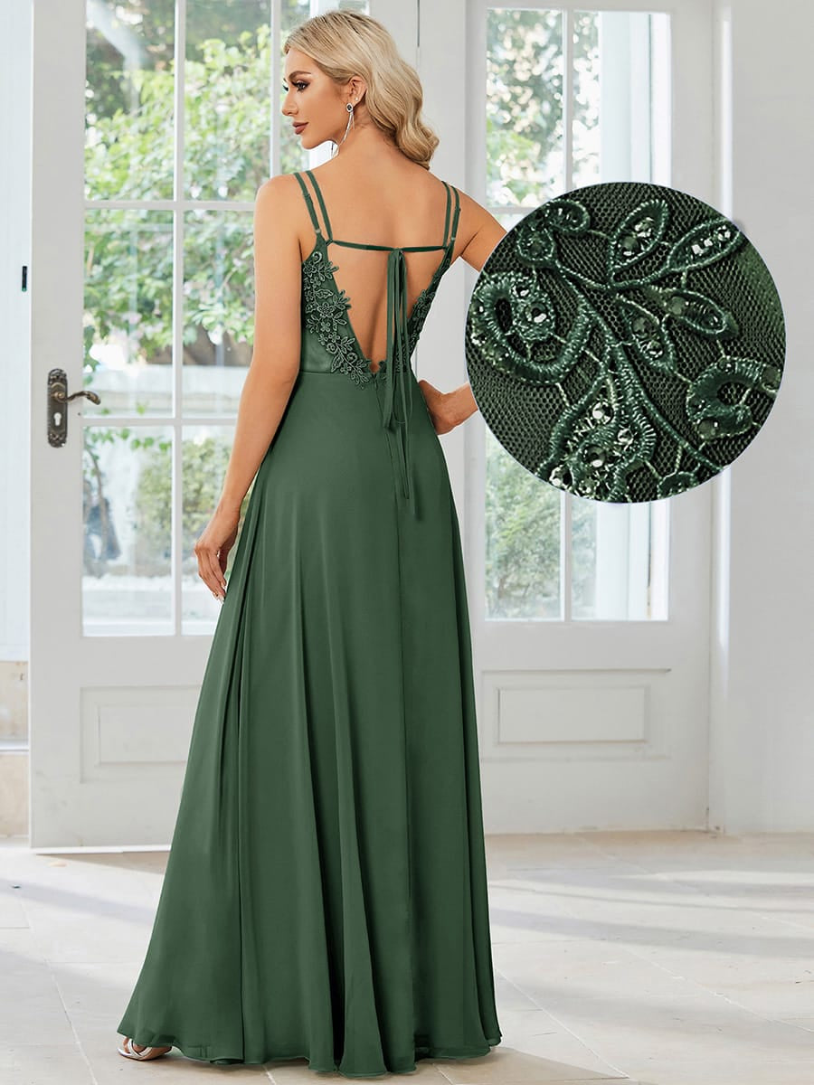 Chiffon and Lace Open Back Bridesmaid Dress with Spaghetti Straps #color_Eucalyptus Green
