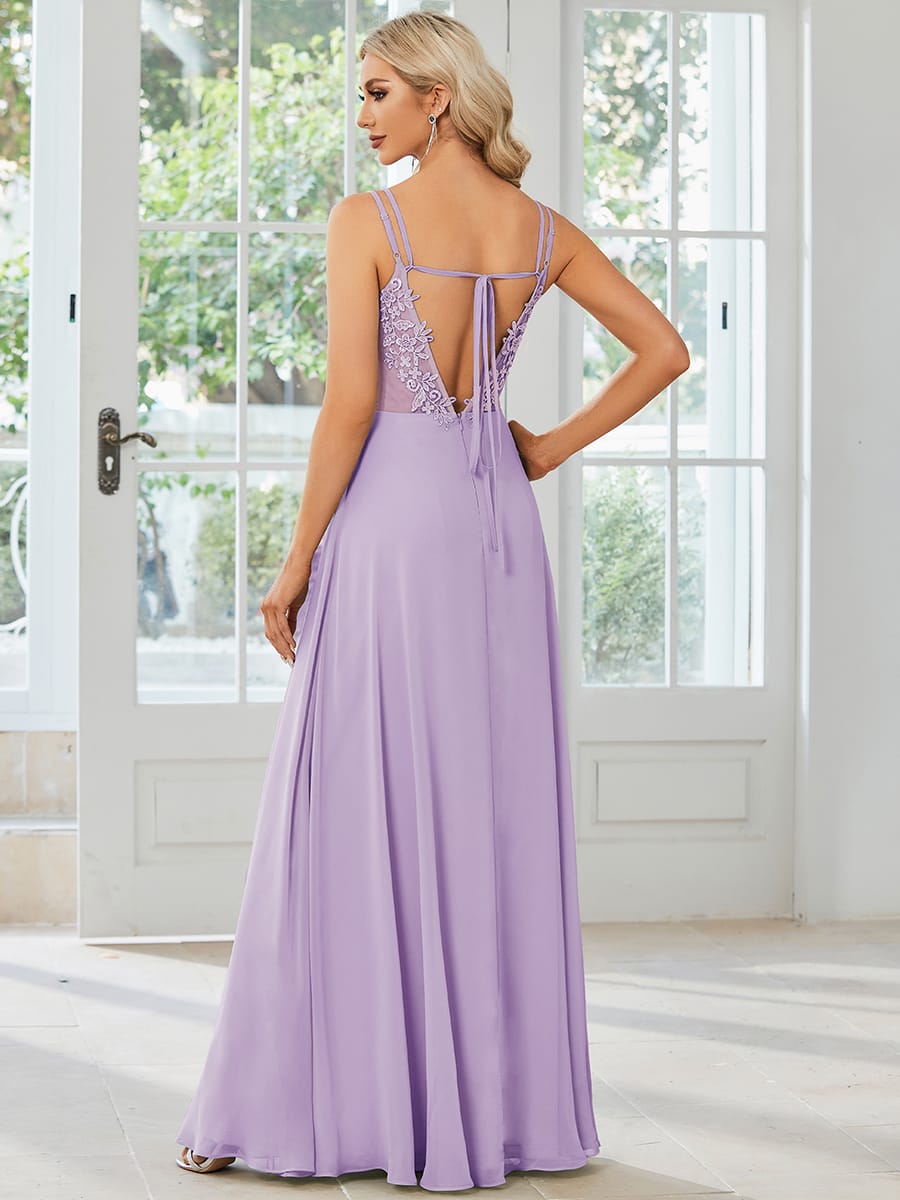 Chiffon and Lace Open Back Bridesmaid Dress with Spaghetti Straps #color_Frosted Lilac