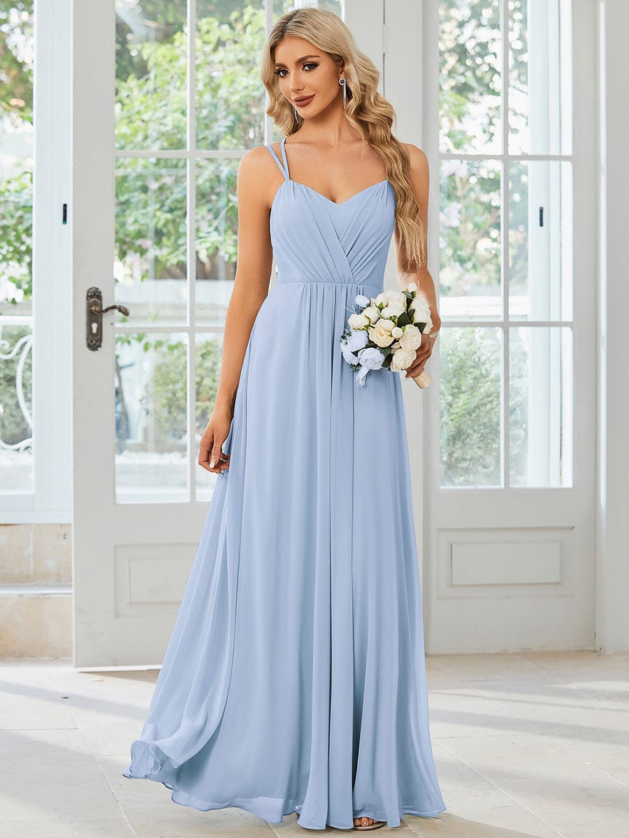 Chiffon and Lace Open Back Dress with Spaghetti Straps in Black #color_Ice Blue