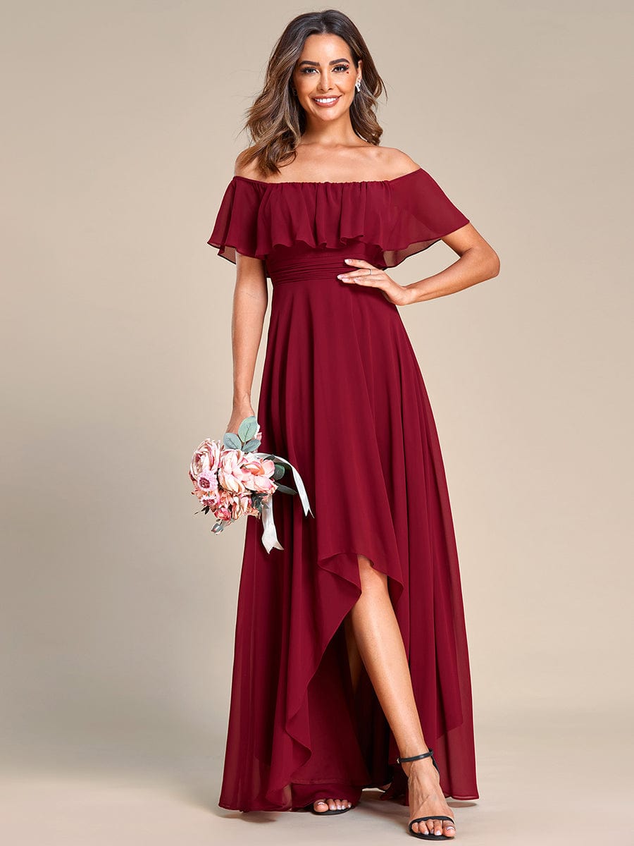 Chiffon Off-The-Shoulder High Low Bridesmaid Dress #Color_Burgundy
