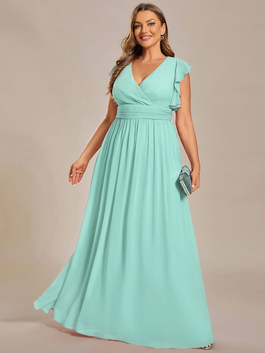 V-Neck Open Back Ruffled Sleeves Chiffon Bridesmaid Dress #color_Pastel Blue