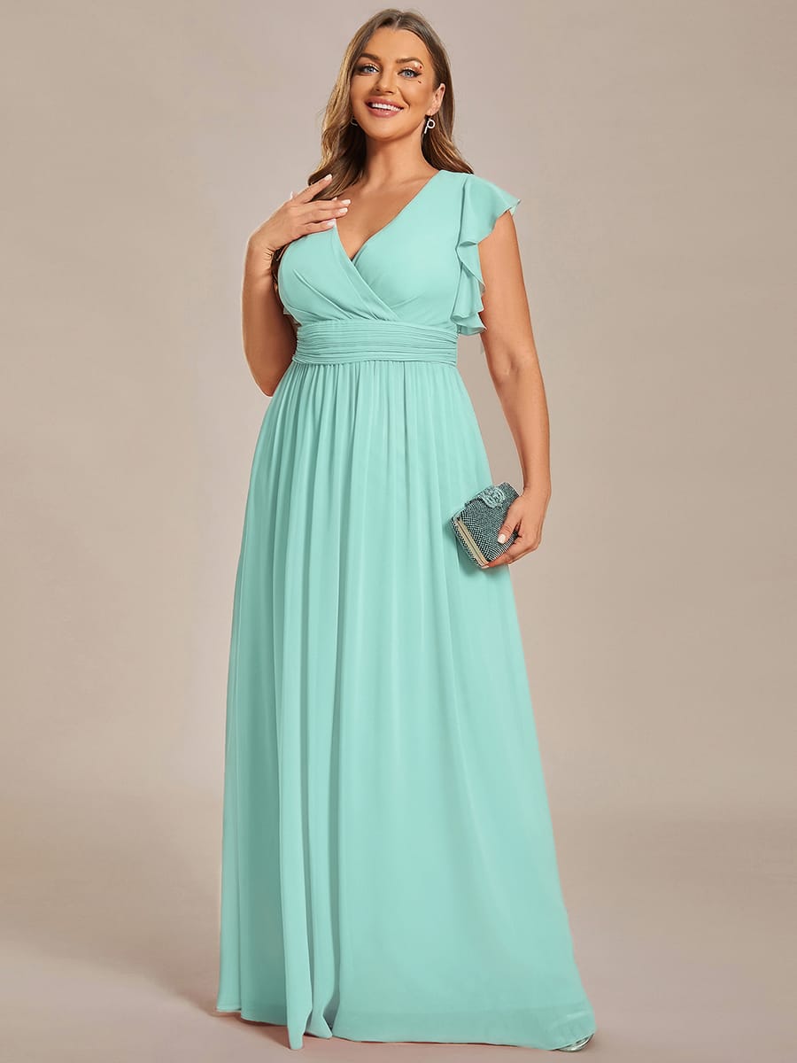 V-Neck Open Back Ruffled Sleeves Chiffon Bridesmaid Dress #color_Pastel Blue