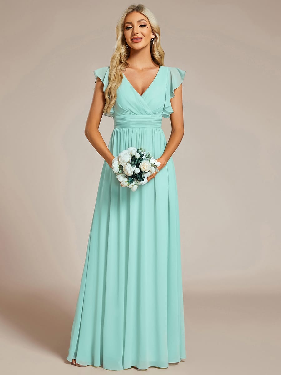 V-Neck Open Back Ruffled Sleeves Chiffon Bridesmaid Dress #color_Pastel Blue