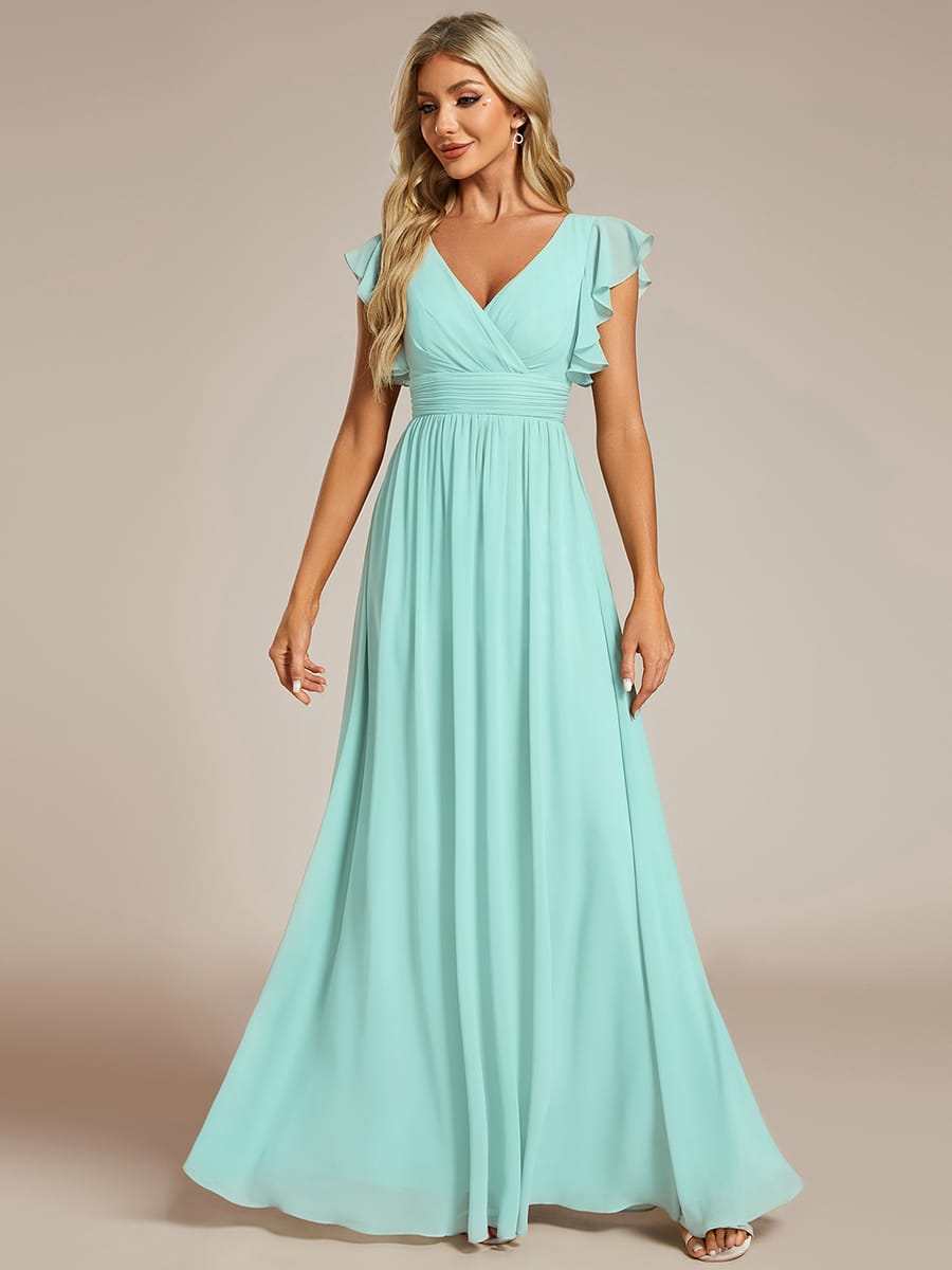 V-Neck Open Back Ruffled Sleeves Chiffon Bridesmaid Dress #color_Pastel Blue
