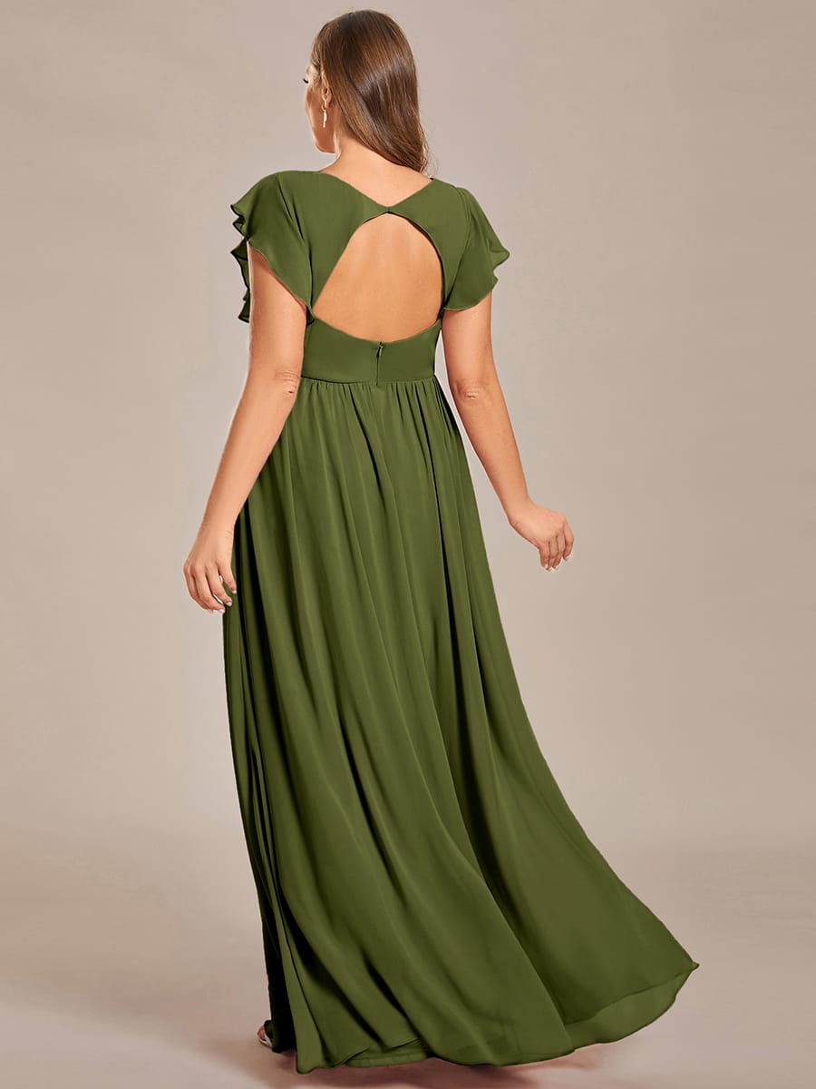 V-Neck Open Back Ruffled Sleeves Chiffon Bridesmaid Dress #color_Olive Green