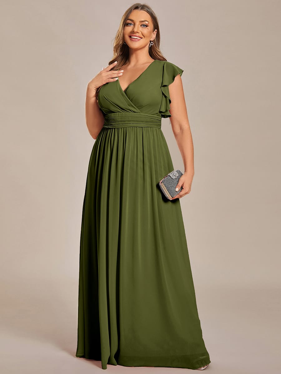 V-Neck Open Back Ruffled Sleeves Chiffon Bridesmaid Dress #color_Olive Green