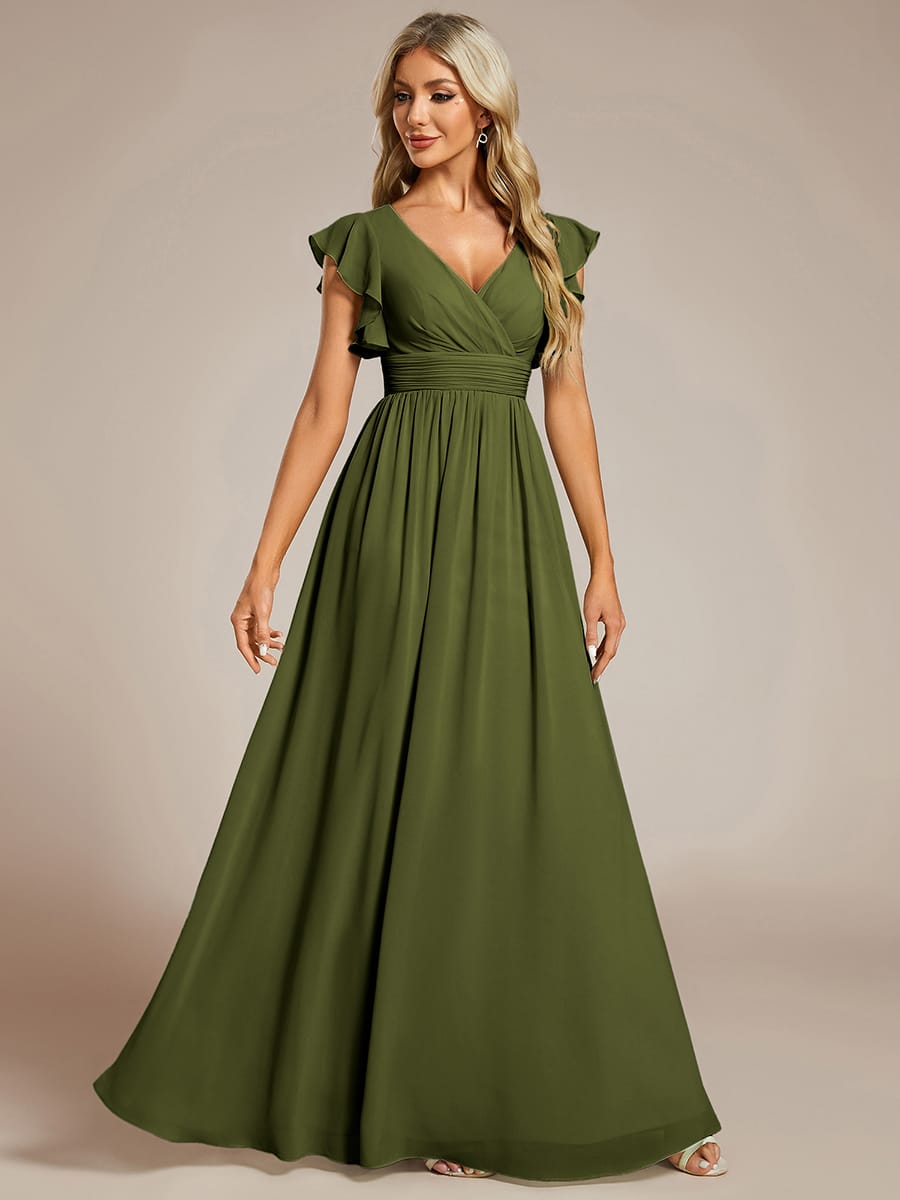 V-Neck Open Back Ruffled Sleeves Chiffon Bridesmaid Dress #color_Olive Green