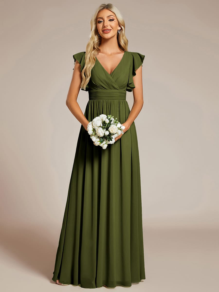 V-Neck Open Back Ruffled Sleeves Chiffon Bridesmaid Dress #color_Olive Green
