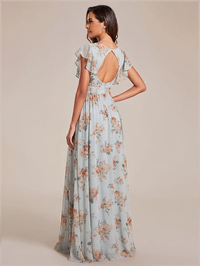 ever LILYANA|Elegant V-Neck Open Back Chiffon Bridesmaid Dress with Ruffled Sleeves