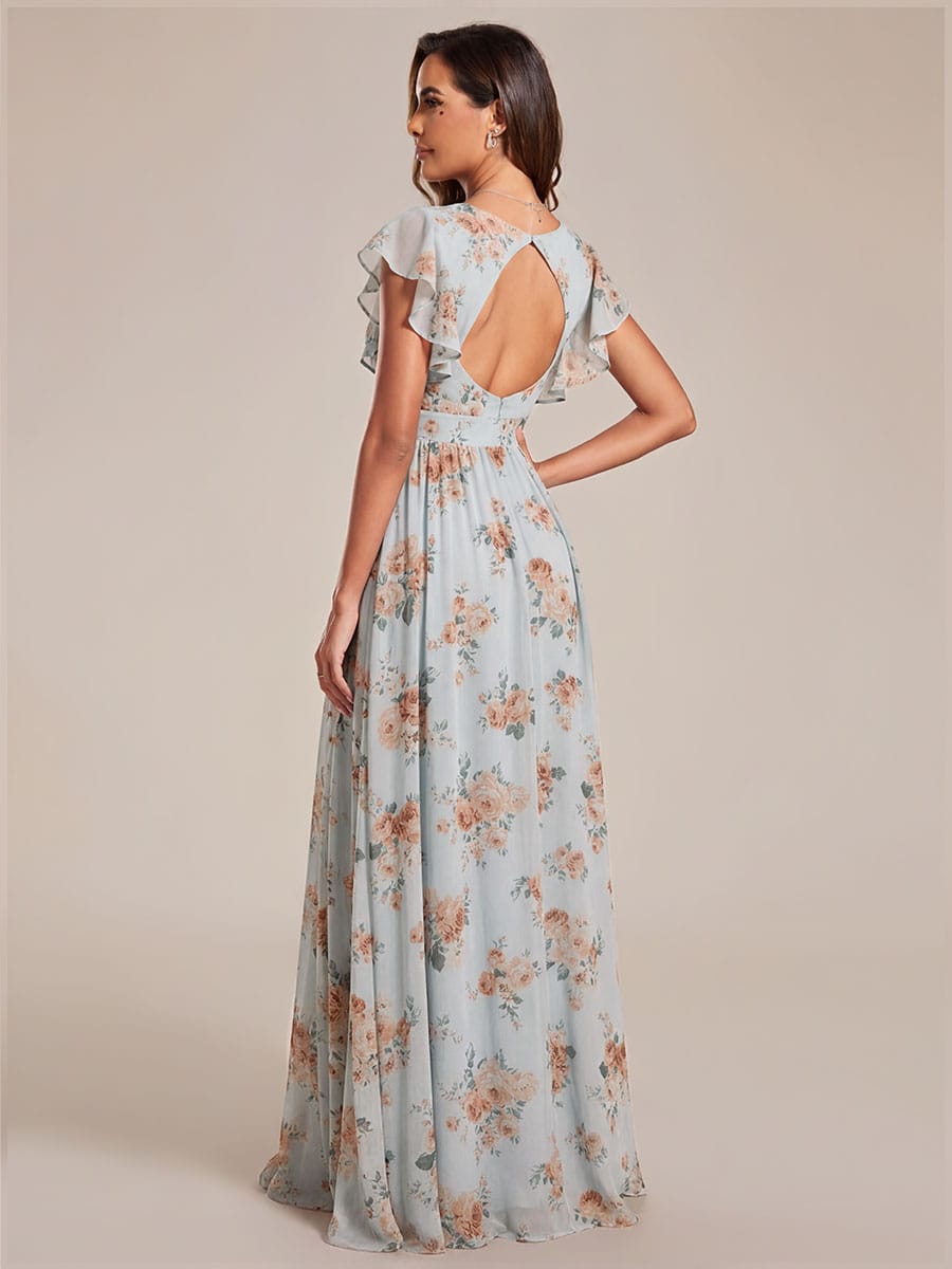 Elegant V-Neck Open Back Chiffon Bridesmaid Dress with Ruffled Sleeves #color_Amber Bloom