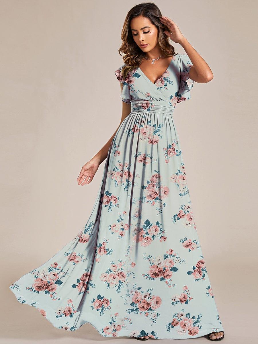 Floral V-Neck Open Back Chiffon Maxi Bridesmaid Dress with Ruffled Sleeves 