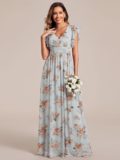 ever LILYANA|Elegant V-Neck Open Back Chiffon Bridesmaid Dress with Ruffled Sleeves